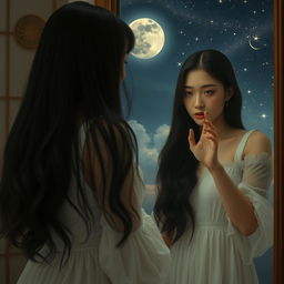 A captivating scene depicting a woman with long, flowing black hair wearing a delicate white dress