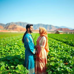 A romantic scene featuring lovers in a lush green farm setting, wearing traditional Yemeni attire