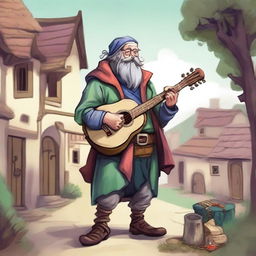 A humorous, high-quality illustration of a whimsical bard, appearing as a homeless vagrant, in a medieval village setting