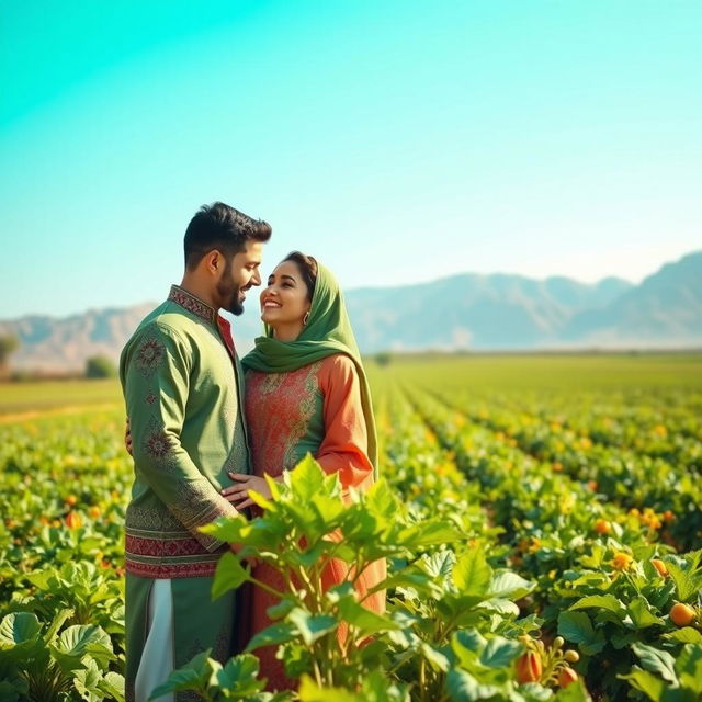 A romantic scene featuring lovers in a lush green farm setting, wearing traditional Yemeni attire