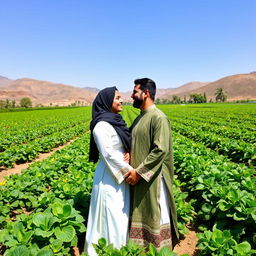 A romantic scene featuring lovers in a lush green farm setting, wearing traditional Yemeni attire