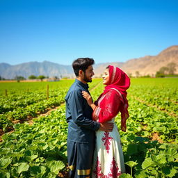 A romantic scene featuring lovers in a lush green farm setting, wearing traditional Yemeni attire