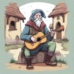 A humorous, high-quality illustration of a whimsical bard, appearing as a homeless vagrant, in a medieval village setting