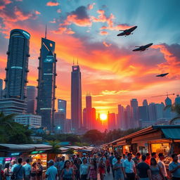 A futuristic city skyline at sunset, showcasing towering skyscrapers with bright neon lights, flying cars zipping through the sky, and lush greenery integrated into the architecture