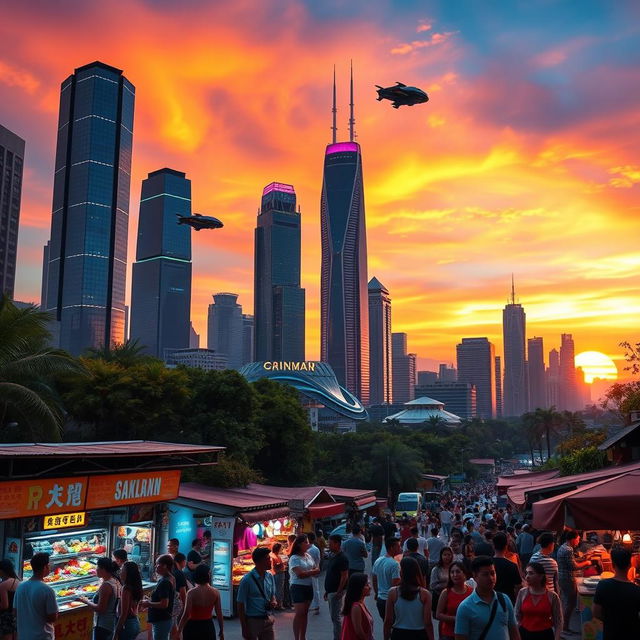 A futuristic city skyline at sunset, showcasing towering skyscrapers with bright neon lights, flying cars zipping through the sky, and lush greenery integrated into the architecture