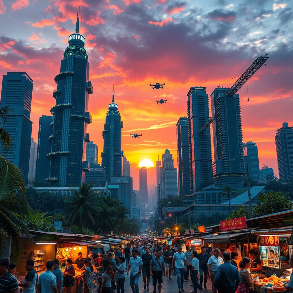 A futuristic city skyline at sunset, showcasing towering skyscrapers with bright neon lights, flying cars zipping through the sky, and lush greenery integrated into the architecture