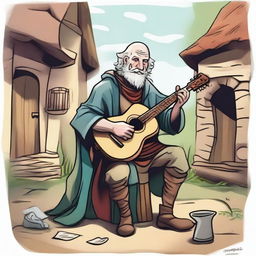 A humorous, high-quality illustration of a whimsical bard, appearing as a homeless vagrant, in a medieval village setting