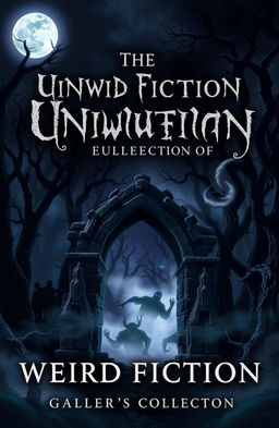 An eerie and unsettling book cover for a weird fiction collection, featuring a dark, twisted forest under a moonlit sky