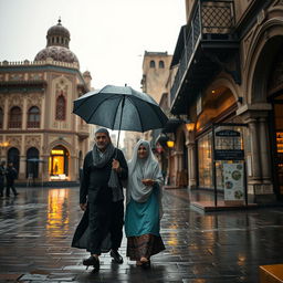 A striking scene of a man and a woman, both Yemenis, walking together in the old streets of Sana'a
