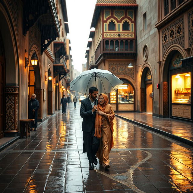 A striking scene of a man and a woman, both Yemenis, walking together in the old streets of Sana'a