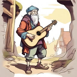 A humorous, high-quality illustration of a whimsical bard, appearing as a homeless vagrant, in a medieval village setting