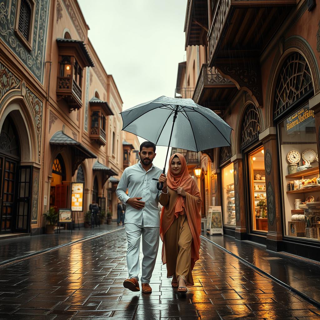 A striking scene of a man and a woman, both Yemenis, walking together in the old streets of Sana'a