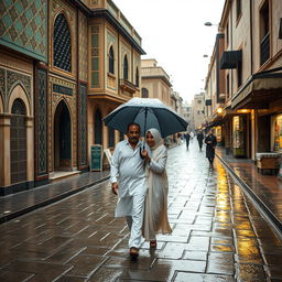 A striking scene of a man and a woman, both Yemenis, walking together in the old streets of Sana'a