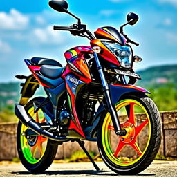 A vibrant and eye-catching Yamaha Junoon 100 cc motorcycle featuring bright colored rims, showcasing a sleek and modern design