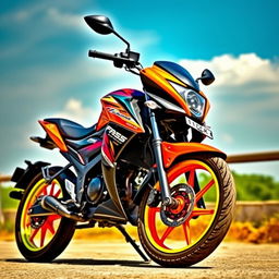 A vibrant and eye-catching Yamaha Junoon 100 cc motorcycle featuring bright colored rims, showcasing a sleek and modern design