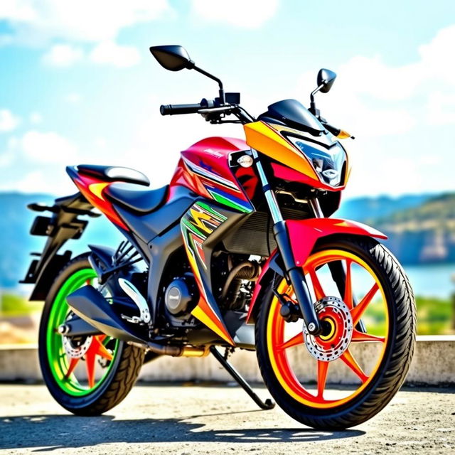 A vibrant and eye-catching Yamaha Junoon 100 cc motorcycle featuring bright colored rims, showcasing a sleek and modern design