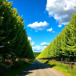A beautifully maintained narrow road or lane, lined with vibrant green trees and colorful wildflowers, with a smooth asphalt surface