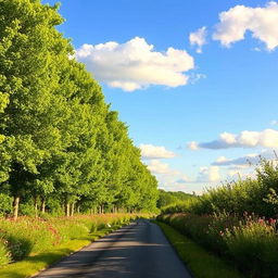 A beautifully maintained narrow road or lane, lined with vibrant green trees and colorful wildflowers, with a smooth asphalt surface