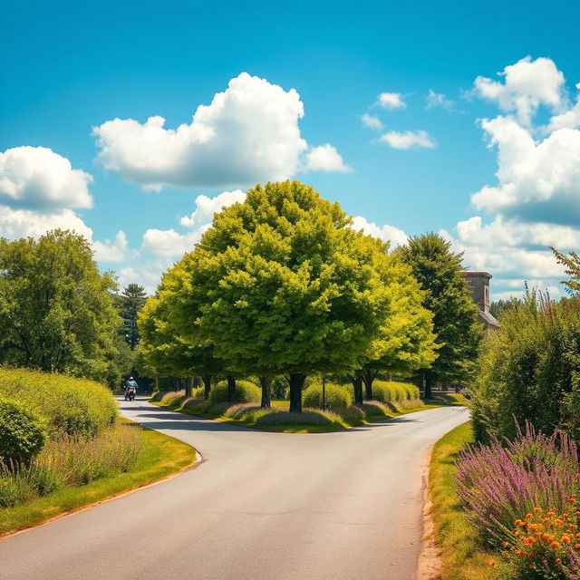 A beautifully maintained narrow road or lane, lined with vibrant green trees and colorful wildflowers, with a smooth asphalt surface