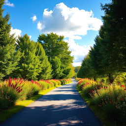 A beautifully maintained narrow road or lane, lined with vibrant green trees and colorful wildflowers, with a smooth asphalt surface