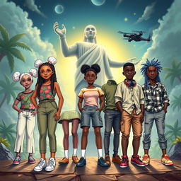Cover for a children's novel featuring five Beninese schoolchildren from Cotonou discovering a secret base beneath the Amazon statue