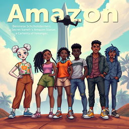 Cover for a children's novel featuring five Beninese schoolchildren from Cotonou discovering a secret base beneath the Amazon statue
