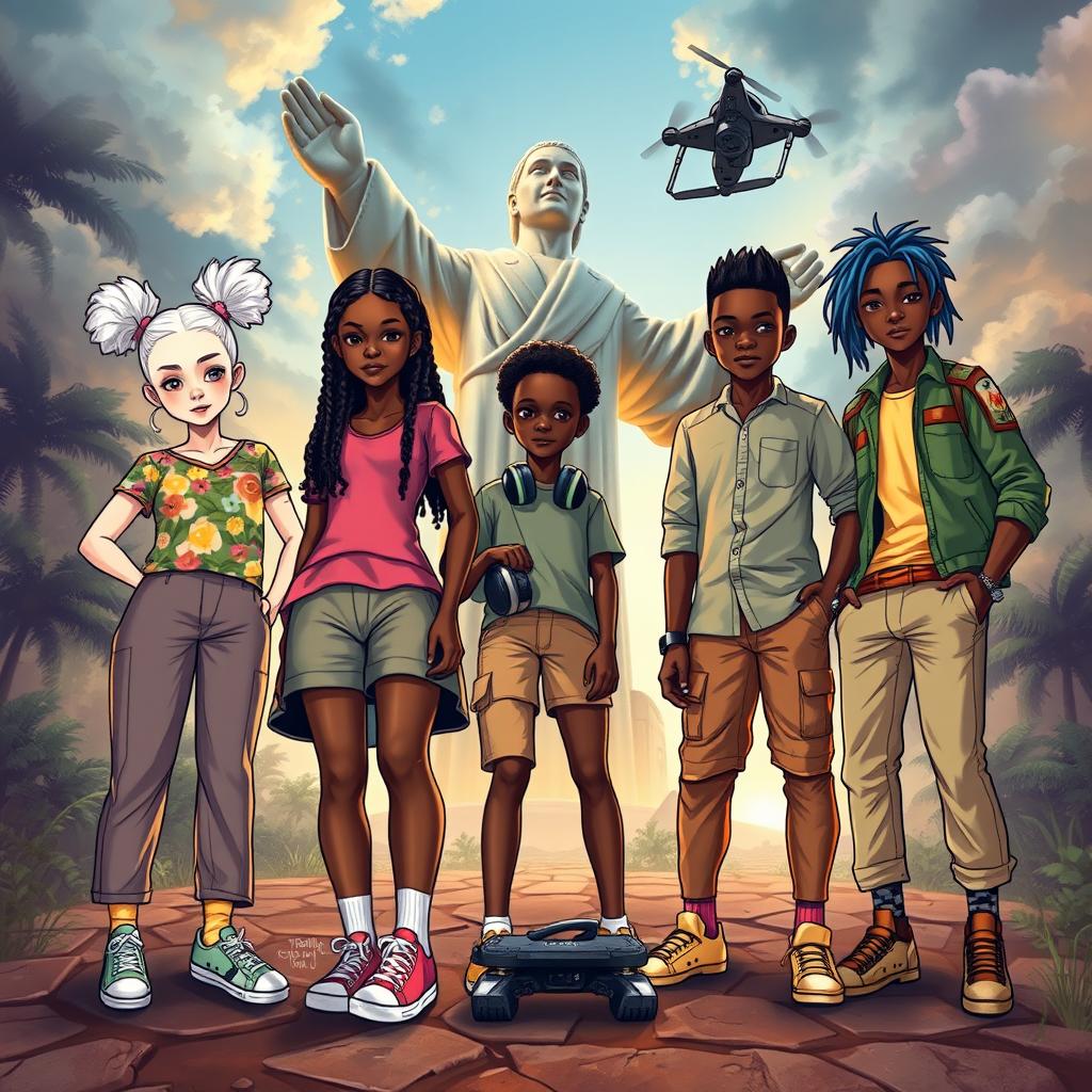 Cover for a children's novel featuring five Beninese schoolchildren from Cotonou discovering a secret base beneath the Amazon statue