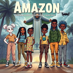 Cover for a children's novel featuring five Beninese schoolchildren from Cotonou discovering a secret base beneath the Amazon statue