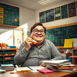 A realistic portrayal of a cheerful fat math teacher with brown hair, sitting at a desk in a classroom filled with mathematical posters