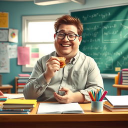 A realistic portrayal of a cheerful fat math teacher with brown hair, sitting at a desk in a classroom filled with mathematical posters