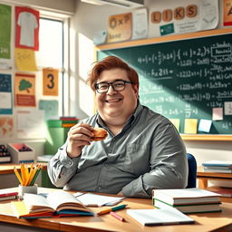 A realistic portrayal of a cheerful fat math teacher with brown hair, sitting at a desk in a classroom filled with mathematical posters