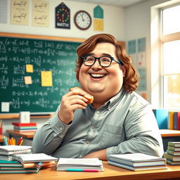 A realistic portrayal of a cheerful fat math teacher with brown hair, sitting at a desk in a classroom filled with mathematical posters
