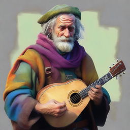 An ultra-realistic, high-quality digital art portrait of a zany and funny bard, who resembles a homeless vagrant