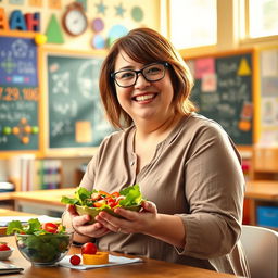 A realistic portrayal of a cheerful fat female math teacher with brown hair, sitting at a desk in a vibrant classroom filled with colorful mathematical posters and educational materials