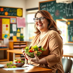 A realistic portrayal of a cheerful fat female math teacher with brown hair, sitting at a desk in a vibrant classroom filled with colorful mathematical posters and educational materials