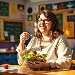 A realistic portrayal of a cheerful fat female math teacher with brown hair, sitting at a desk in a vibrant classroom filled with colorful mathematical posters and educational materials