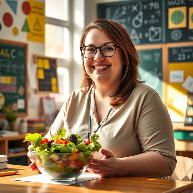 A realistic portrayal of a cheerful fat female math teacher with brown hair, sitting at a desk in a vibrant classroom filled with colorful mathematical posters and educational materials