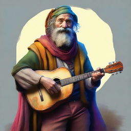 An ultra-realistic, high-quality digital art portrait of a zany and funny bard, who resembles a homeless vagrant