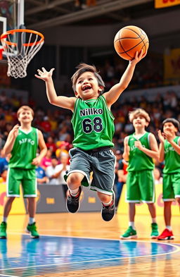 A vibrant scene of a 5-year-old boy wearing a green tank top with 'Nikko' and '68' printed on it, leaping into the air with enthusiasm as he throws a basketball towards a hoop