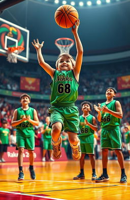 A vibrant scene of a 5-year-old boy wearing a green tank top with 'Nikko' and '68' printed on it, leaping into the air with enthusiasm as he throws a basketball towards a hoop