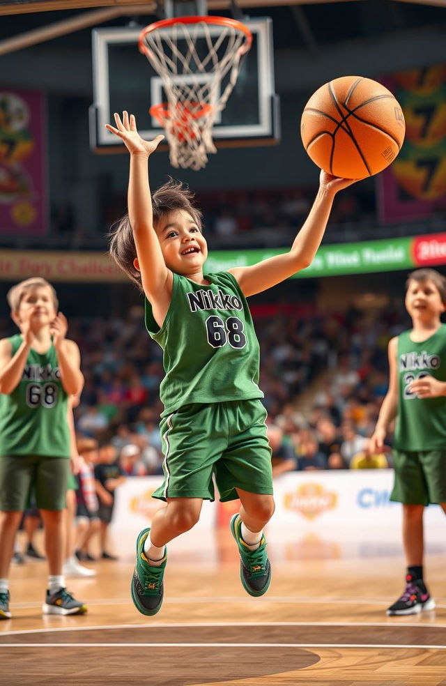 A vibrant scene of a 5-year-old boy wearing a green tank top with 'Nikko' and '68' printed on it, leaping into the air with enthusiasm as he throws a basketball towards a hoop