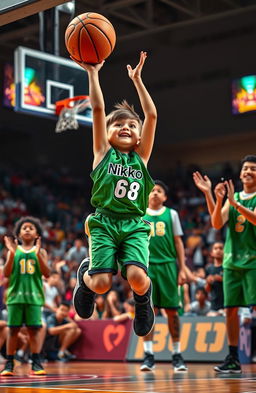 A vibrant scene of a 5-year-old boy wearing a green tank top with 'Nikko' and '68' printed on it, leaping into the air with enthusiasm as he throws a basketball towards a hoop