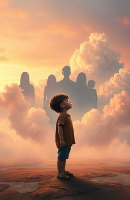 A surreal scene depicting a young boy standing alone in a dreamlike landscape, surrounded by ethereal clouds and fading memories