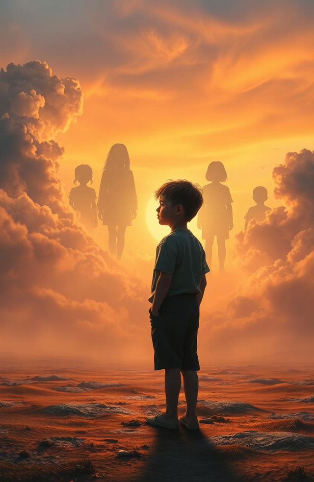 A surreal scene depicting a young boy standing alone in a dreamlike landscape, surrounded by ethereal clouds and fading memories