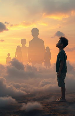 A surreal scene depicting a young boy standing alone in a dreamlike landscape, surrounded by ethereal clouds and fading memories