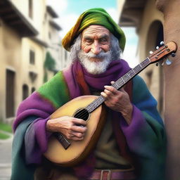 An ultra-realistic, high-quality digital art portrait of a zany and funny bard, who resembles a homeless vagrant