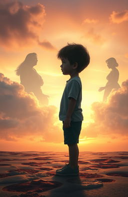 A surreal scene depicting a young boy standing alone in a dreamlike landscape, surrounded by ethereal clouds and fading memories