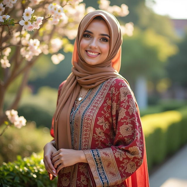 A stylishly dressed woman wearing a hijab, exuding confidence and elegance