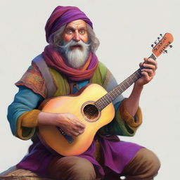 An ultra-realistic, high-quality digital art portrait of a zany and funny bard, who resembles a homeless vagrant