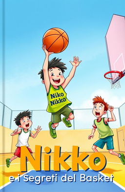 An engaging book cover illustration for 'Nikko e i Segreti del Basket'